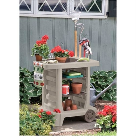 This Outdoor Portable Potting Bench Gardening Station Utility Bin is ideal for any gardener! This cart has interchangeable shelves and bins, as well as slots to hold and organize garden tools. Easy care resin allows you to just hose it off if it's dirty.